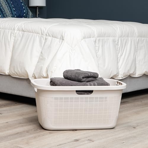 Mind Reader 40L Laundry Basket, Linen Design Clothes Hamper, Plastic Storage Bin with Handles, Ivory - color: Ivory