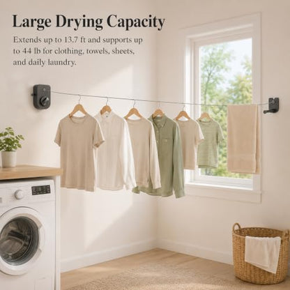 Retractable Clothesline with Adjustable Tension, 13.7 Ft Anti-sag Laundry Line, Wall Mount Drying Clothes Line with Telescopic Rod, Heavy Duty Clothes Drying Line for Indoor Outdoor Use