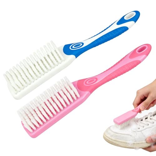 2 Pcs Shoe Cleaning Brush, Convenient Anti Slip Soft Bristle Shoes Cleaning Scrubber with Hanging Hole, Multi-Functional Long Handle Scrubbing Brush for Shoe and Clothing (Pink, Blue) - color: Pink, Blue