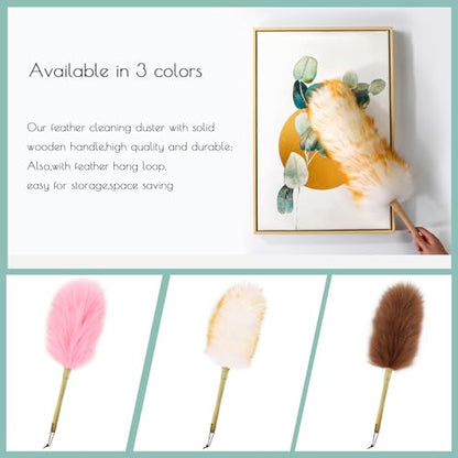 Lambs Wool Duster for Cleaning Window Blinds Computer Furniture TV Computer Screens Bookshelves Solid Wooden Handle Natural Feather Duster,16'', Yellow&White - color: Yellow+white, size: 16 Inch