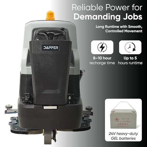 Battery Powered Ride-On Commercial Floor Scrubber Machine, 38" Brush, 48" Squeegee Width, 46 gal Solution Tank, 48 gal Recovery Tank, 5 hr Use 8 hr Charge, 180 RPM, 84,000 Sqft/H, Batteries Included - size: 38"