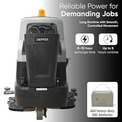 Battery Powered Ride-On Commercial Floor Scrubber Machine, 38" Brush, 48" Squeegee Width, 46 gal Solution Tank, 48 gal Recovery Tank, 5 hr Use 8 hr Charge, 180 RPM, 84,000 Sqft/H, Batteries Included - size: 38"