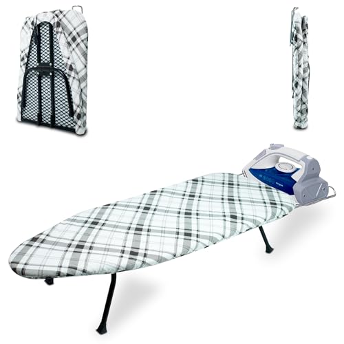 Metal Mesh Panel Tabletop Ironing Board | Foldable Iron Board | Heavy Duty Small Iron Board with Heat Resistant Cover and 100% Cotton 8mm Thicken Pad (Elegant) - color: Gray/White
