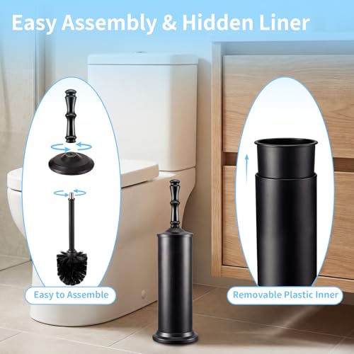 ROLABAM Toilet Bowl Brush and Holder Set, Heavy Duty Anti-Tip Metal Base, Rustproof Freestanding Toilet Bowl Brush with Long Handle & Splash Guard, Modern Bathroom Cleaning Accessories - color: Black-2