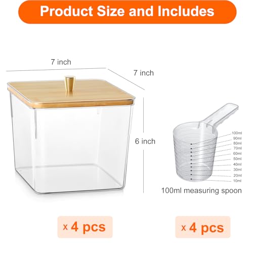 4 Pack Laundry Detergent Container, Clear Laundry Room Organization Containers, Large Laundry Powder Storage Organizer Wooden Lids with Scoop