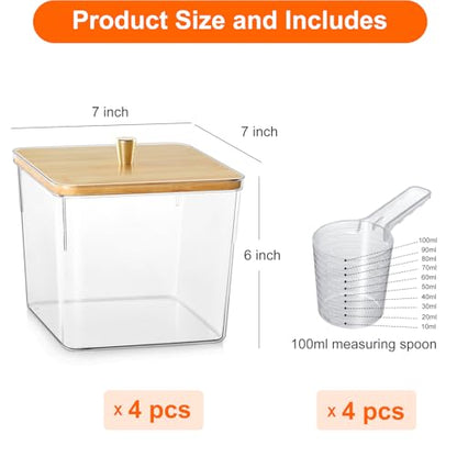 4 Pack Laundry Detergent Container, Clear Laundry Room Organization Containers, Large Laundry Powder Storage Organizer Wooden Lids with Scoop