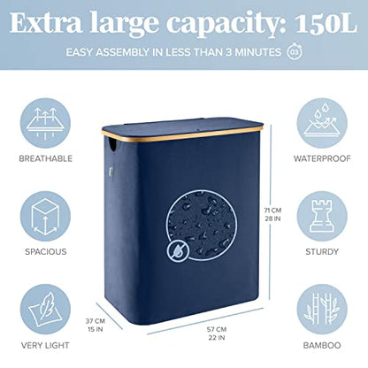 LONBET Laundry Basket with Lid, Made from Breathable Fabric | Aesthetic Clothes Hampers for Laundry with Side Handles & Sturdy Bamboo Frame (40 Gallons - Double, Blue) - color: Blue, style: 40 Gallons - Double