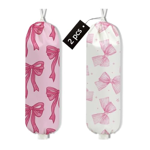 2Pcs Pink Bow Plastic Bag Holder, Wall Mount Grocery Bag Holder - color: multicolour 1321