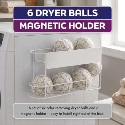 SilverWorks! Wool Dryer Balls Laundry Reusable - Odor Eliminating Dryer Laundry Balls with Silver Technology - Natural Fabric Softener and Static Reducer, Reduce Drying Time and Energy Costs - 6 Pack - color: White, size: 6 Count + Holder