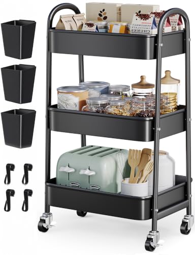 Heavy Duty 3 Tier Rolling Cart Metal with Wheels,Three Tiered Rolling Carts - color: Mystic Black