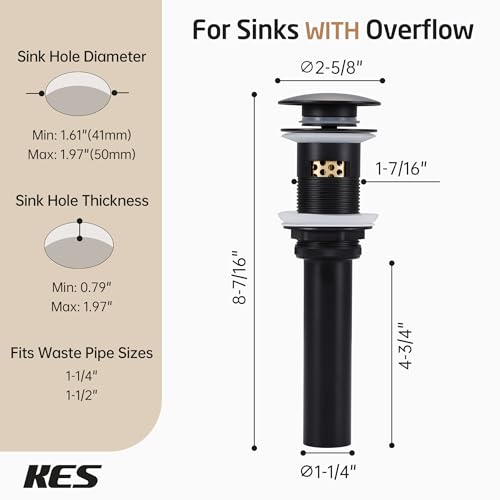 KES Bathroom Sink Drain with Overflow, All Metal Pop Up Drain for Bathroom Sink Stopper with Brass Strainer Basket Hair Catcher Anti Clog Rustproof 18/8 Stainless Steel Matte Black, S2018A-BK - color: Matte Black, style: WITH Overflow