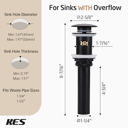 KES Bathroom Sink Drain with Overflow, All Metal Pop Up Drain for Bathroom Sink Stopper with Brass Strainer Basket Hair Catcher Anti Clog Rustproof 18/8 Stainless Steel Matte Black, S2018A-BK - color: Matte Black, style: WITH Overflow