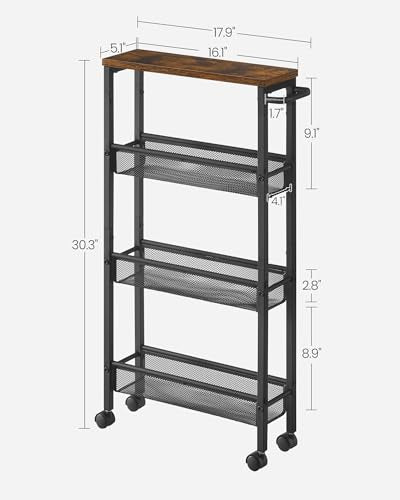 VASAGLE 4-Tier Slim Rolling Storage cart with Wheels, 5.1 Inches, Metal - color: Rustic Brown + Classic Black, size: 4 Tiers (5.1"D x 30.3"H)