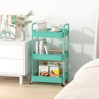MOYIPIN 3-Tier Plastic Rolling Utility Cart with Handle,Turquoise - color: Turquoise, size: 3-Tiers without cups