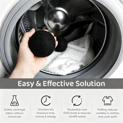 Wool Dryer Balls 6 Pack, Natural Fabric Softener, Dryer Balls Laundry Reusable, Reduces Clothing Wrinkles and Saves Drying Time (Pure Black) - color: Pure Black