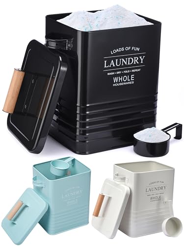 Whole Housewares Laundry Detergent Container - Tin Farmhouse Metal Laundry Powder Soap Dispenser With Scooper, Airtight Lid And Handles - Vintage Soap Pod Holder Storage Bin With Lid And Scent Holders - color: Black