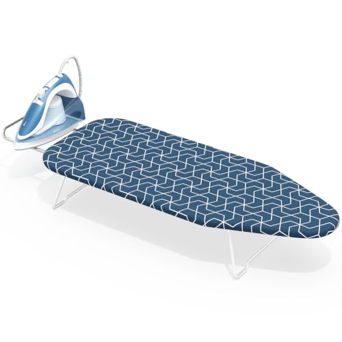 Small Ironing Board Tabletop 30x12”, with Iron Rest, All-Metal Mesh Panel - color: Steel Blue