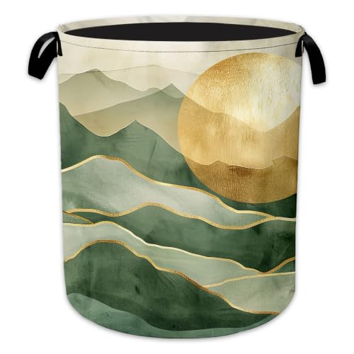 Laundry Hamper, Green Mountains Collapsible Golden Sun Laundry Baskets Waterproof Oxford Cloth With Handles, Clothes Storage Bucket For Bathroom/Bedroom 16" x 20.8" - color: Green Mountains