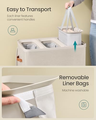 SONGMICS Laundry Basket, 190L Laundry Hamper with Lid, 3 Removable Bags - color: Cappuccino Beige, size: 190 L (3-Section)