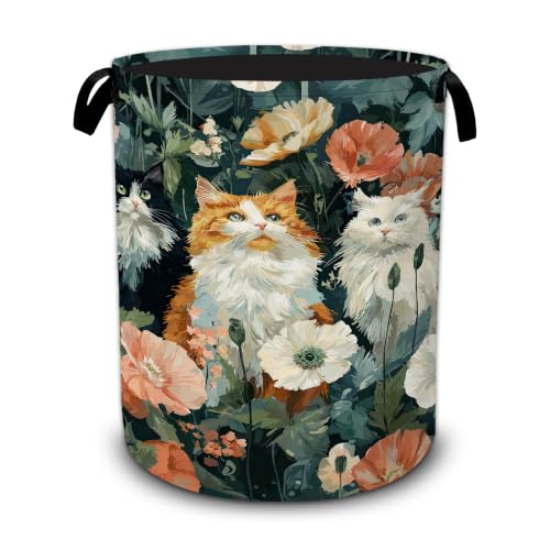 Cute Cat Laundry Basket,Poppy Flowers Foldable Oxford Laundry Hamper with Handles,Collapsible Clothes Storage Basket for Bedroom,Bathroom,or Laundry Room,20.8 x 16 Inches - color: Cute Cat Poppy Flowers