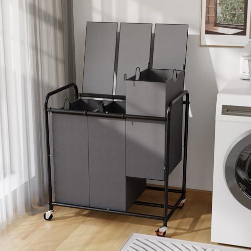 180L Laundry Sorter 3 Section with Lockable Wheels and Lid Grey - color: Grey-3 Sec, size: 47.55Gal