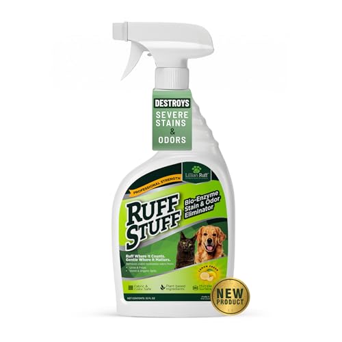 RUFF STUFF Max-Strength Bioenzyme Cleaner, Pet Stain & Odor Eliminator, Laundry Stain Remover Spray for Clothes, Dog Urine Carpet & Upholstery Cleaner, Lemon Scent, 32 Fl Oz