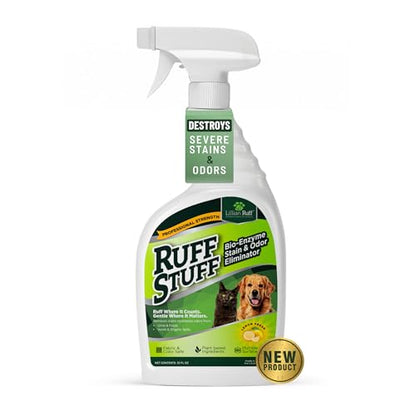 RUFF STUFF Max-Strength Bioenzyme Cleaner, Pet Stain & Odor Eliminator, Laundry Stain Remover Spray for Clothes, Dog Urine Carpet & Upholstery Cleaner, Lemon Scent, 32 Fl Oz