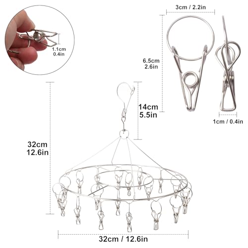 6 Pack 13 inch Round Stainless Steel Drying Rack with 20 Clips, Swivel Sock Drying Rack with Windproof Clips, Stainless Steel Clothes Hanger for Bras, Clothes, Sock & Underwear Towels - size: 6 Pack