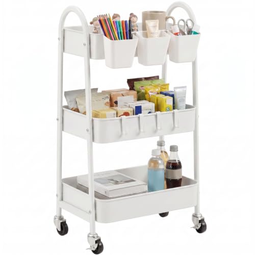 danpinera 3-Tier Rolling Cart, Utility Cart Mobile Metal Rolling Storage Cart with Lockable Wheels & Hanging Cups & Hooks for Kitchen, Bathroom, Office, Workshop, White - color: White, size: 3 tier