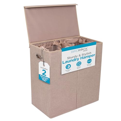 BirdRock Home Double Laundry Hamper with Lid and Removable Liners | Linen | Easily Transport Laundry | Foldable Hamper | Cut Out Handles