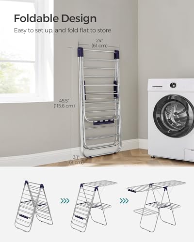SONGMICS Clothes Drying Rack, Foldable 2-Level Stee Laundry Drying Rack - color: Silver + Blue, size: 2 Tiers（22"d x 61.8"w x 64.3''h )