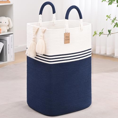 Laundry Basket Hamper,Blanket Storage,Dirty Clothes Hamper with Swivel Handles,Woven Cotton Rope Toy Baskets,Blanket Basket Living Room,Decorative Hampers for Nursery,Bedroom,White & Blue,80L - color: White & Blue, size: 80L