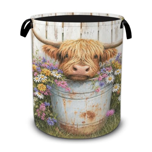 Highland Cow Laundry Basket,Daisy Flower Foldable Oxford Laundry Hamper with Handles,Collapsible Clothes Storage Bucket Tote Bag for Laundry Room,Bathroom,Bedroom,Dorm - color: Highland Cow Daisy Flower
