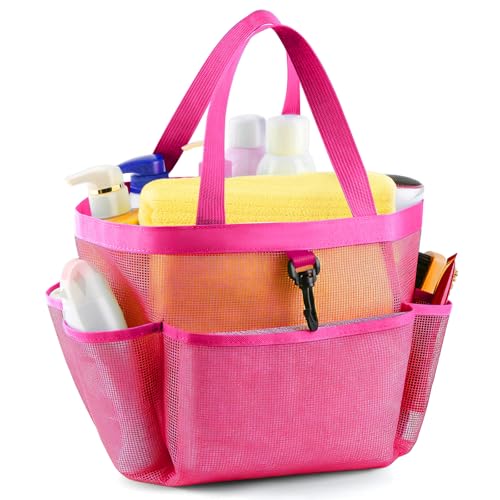 LOYEE Mesh Shower Caddy Portable for College Dorm Room Essentials with 8 Pockets, Shower Bag for Beach, Swimming, Gym, Travel, Bathroom(All rose pink) - color: All rose pink