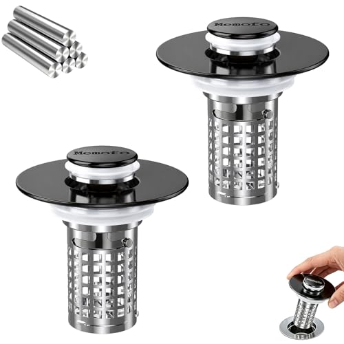 Bathroom Sink Drain Strainer (2Pack), Stainless Steel Pop-up Strainer Basket Hair Catcher with Removable Basket, Brass Bullet Core, Universal Fit 1.1-2.36 Inch