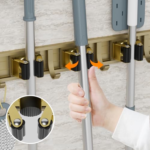 reliahom Broom Holder Wall Mount Mop Hanger Tools organizer 4Racks 5Hooks - color: Bronze