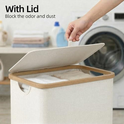 efluky Slim Laundry Basket with Lid, Narrow Laundry Hamper with Removable Bag, Skinny Dirty Clothes Basket with Bamboo Handles for Bathroom, Bedroom & Laundry Room, 65L Beige - color: Beige, size: 65L