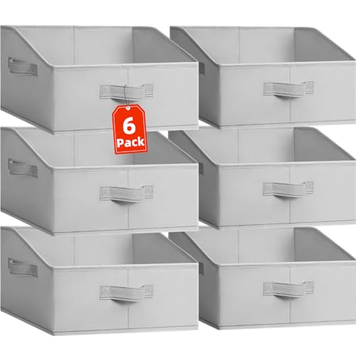 Criusia Closet Organizers Bins 6 Pack - Large Closet Shelf Organizer with Handles - Fabric Trapezoid Home Organization and Storage Baskets for Organizing Clothes Toy Blanket Towel Purse Hats - color: Grey, size: 6 pack-Large