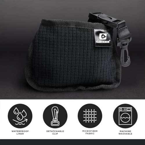 Club Scrub Mini, Golf Club and Golf Ball Cleaning Bag, Waterproof Clean Face Technology Liner, Detachable Clip, Machine Washable, Cleans Club Grooves, Dry Exterior - color: Black