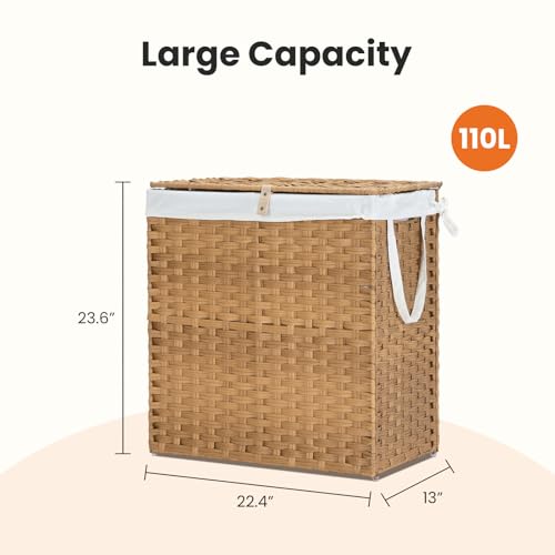 Laundry Basket with Lid, 110 L Rattan Clothes Laundry Basket with Lid and Handles, Foldable Clothes Hamper, Removable Liner, Goose Yellow - color: Goose Yellow, size: 110 L