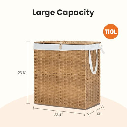 Laundry Basket with Lid, 110 L Rattan Clothes Laundry Basket with Lid and Handles, Foldable Clothes Hamper, Removable Liner, Goose Yellow - color: Goose Yellow, size: 110 L