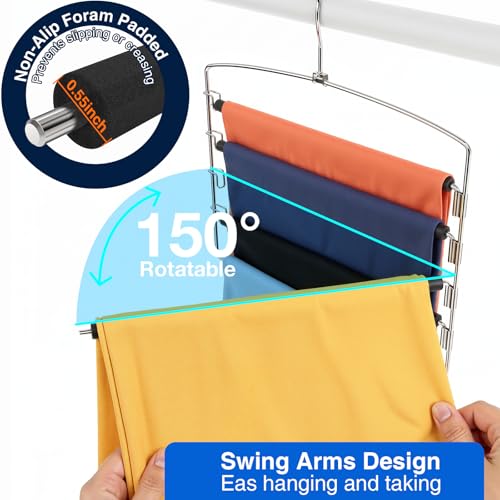 Korpai 6-Pack Pants Hangers Space-Saving Multi-Layer,150° Rotate Metal Swing Arm Non Slip Foam Padded,Closet Organizers and Storage 360 Swivel Top Hook for Jeans,Trouser,Slacks,Skirt,Scarfs,Towels ect