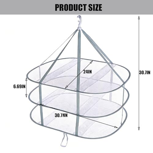 3-Layer Foldable Mesh Sweater Drying Rack, Portable Hanging Clothes Drying Rack with Fixed Belt, Can Stack Sweater Clothes, T-Shirts, Towels, Underwear, Indoor and Outdoor Use, Gray