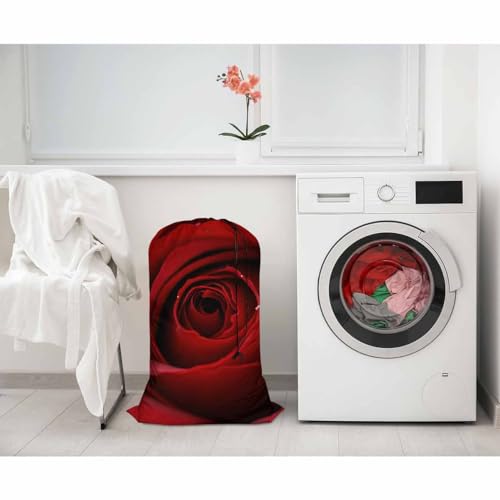 Swono Red Rose Extra Heavy Duty Laundry Bag, Garden Glamour Flower Bud Petal Blossom Valentine X-Large Dirty Clothes Drawstring Bag with Tear Resistant Fabric, Washable Laundry Liner for Hamper - color: Red Rose