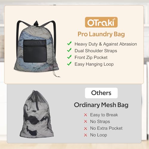 OTraki Laundry Bag Backpack 24x27 Inch Heavy Duty Mesh Laundry Bag Travel Laundry Bags for Dirty with Pocket & Adjustable Shoulder Straps Machine Washable Don't Drying, Melting 140-176℉ - size: 24 x 27 Inch