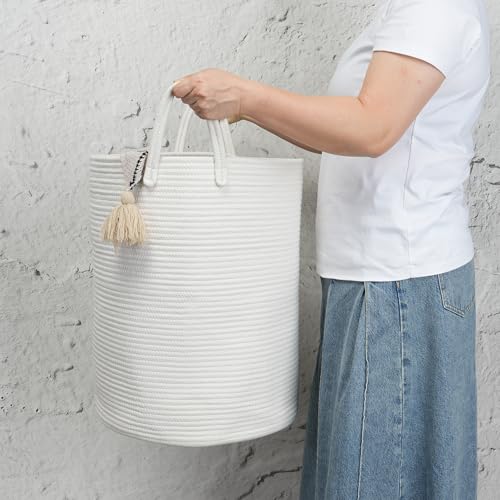 Woven Cotton Rope Laundry Basket, 15" x 20" Laundry Hamper, White - color: white, size: Regular