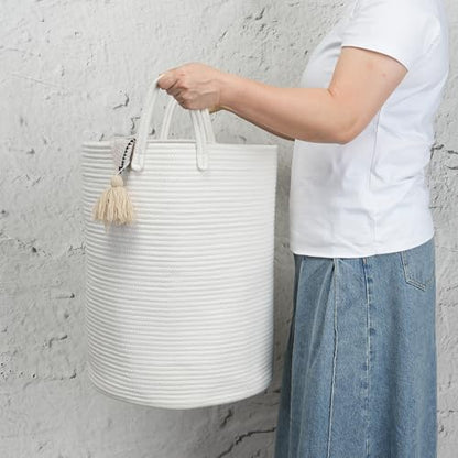 Woven Cotton Rope Laundry Basket, 15" x 20" Laundry Hamper, White - color: white, size: Regular