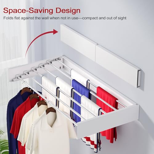 Wall Mounted Drying Rack 40", Foldable Laundry Drying Rack with Stainless Steel Rods, Retractable Laundry Space Saver for Indoor & Outdoor Use, Include Wall Template - color: White, size: 40" Wide