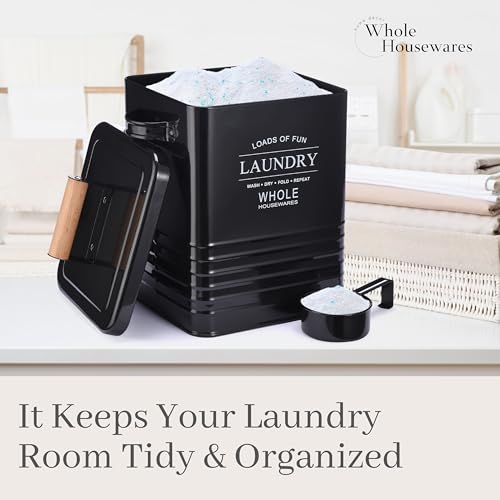 Whole Housewares Laundry Detergent Container - Tin Farmhouse Metal Laundry Powder Soap Dispenser With Scooper, Airtight Lid And Handles - Vintage Soap Pod Holder Storage Bin With Lid And Scent Holders - color: Black