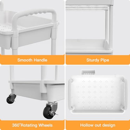 4 Tier Rolling Utility Cart with Handle,REBECAT Utility Cart Made of Multifunctional Storage Organizer Tool for Kitchen,Bathroom,Living Room,Office(White) - color: White